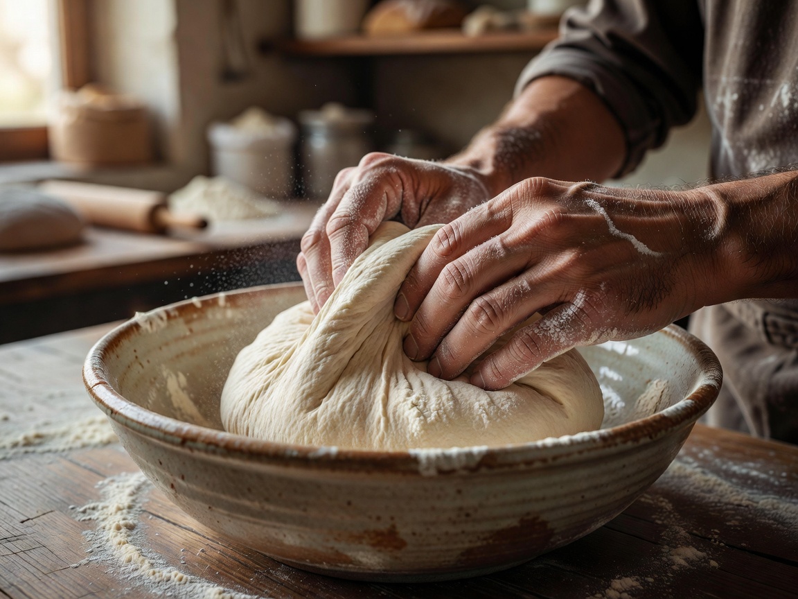 Baker's hands folding dough inside a ceramic bowl