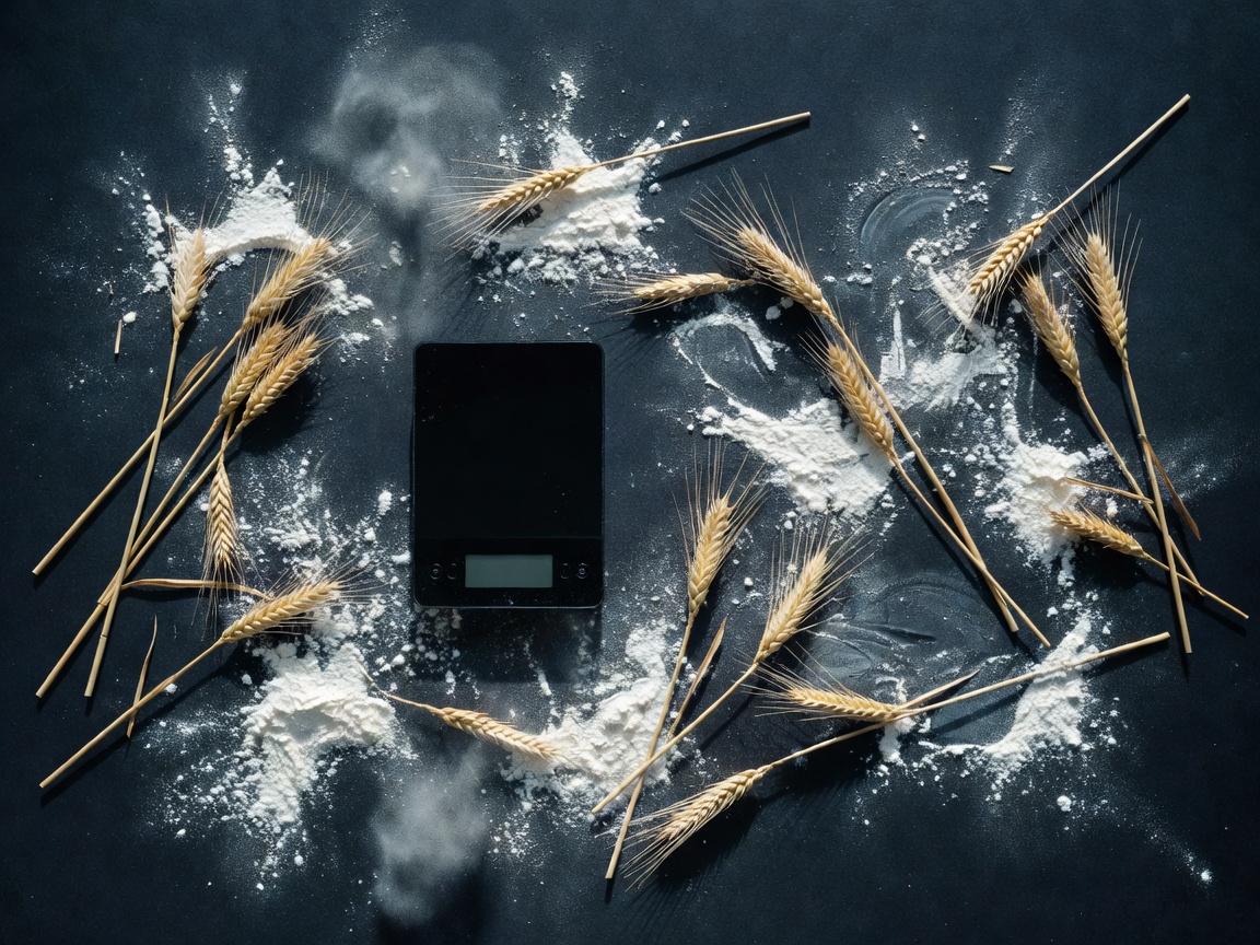 Overhead view of scattered flour, wheat stalks, and a digital scale on a dark surface