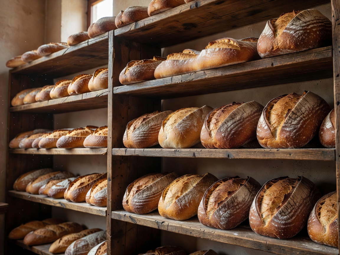 Rustic loaves of bread sitting on wooden shelves in a traditional bakery